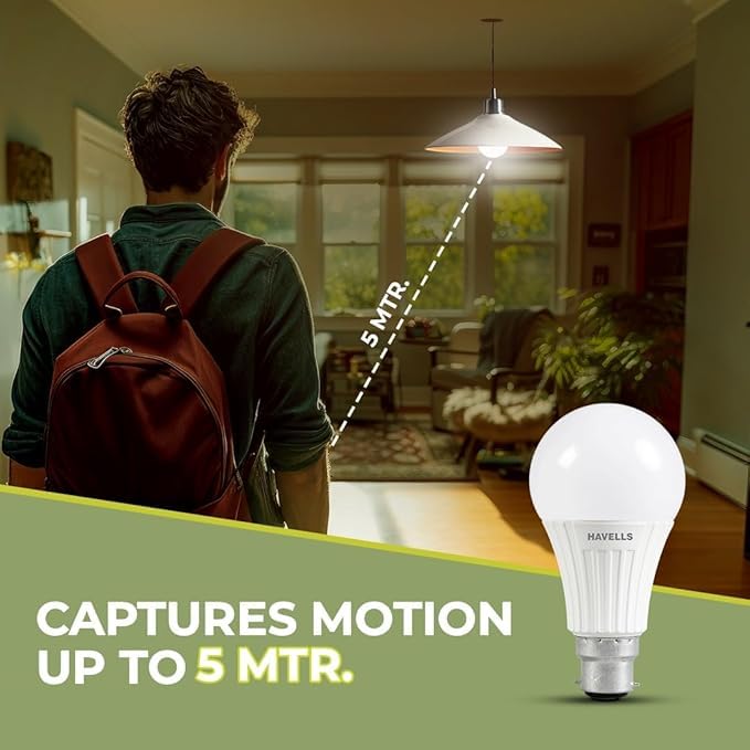Havells Sensolite 9W Motion Sensor Led Bulb |Auto on-Auto off|5 Mtr Radius Sensor Area (B22 Cool day white)