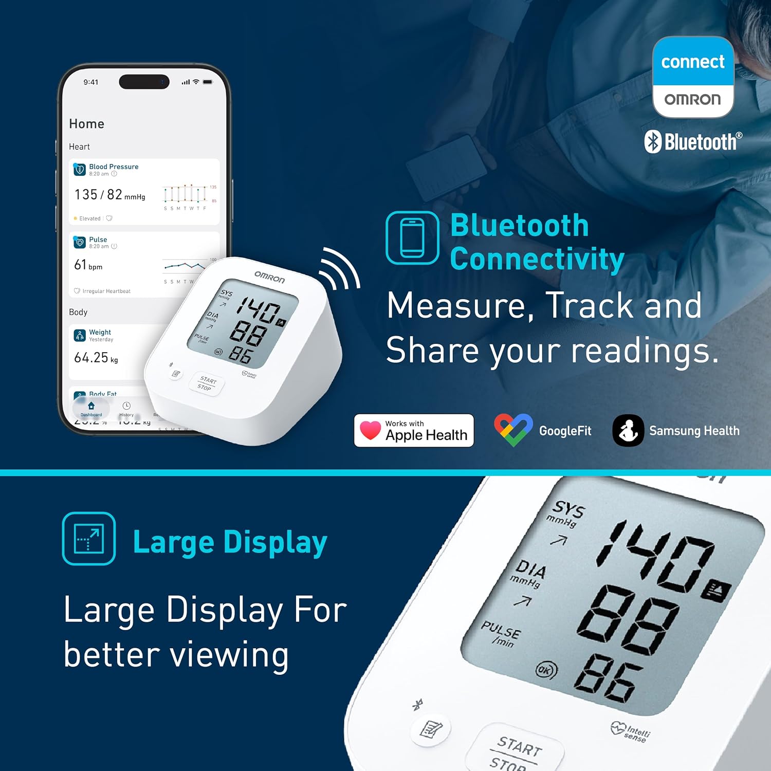 Omron HEM 7183T1 FLIN Upper Arm Automatic Blood Pressure Monitor with Bluetooth, IntelliWrap 360° Accuracy Cuff and Large Display