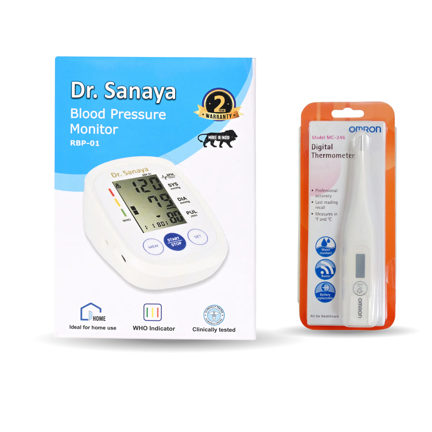 Dr. Sanaya RBP-01 Automatic BP Monitor + Omron MC-246 Digital Thermometer Combo | Reliable Home Health Kit