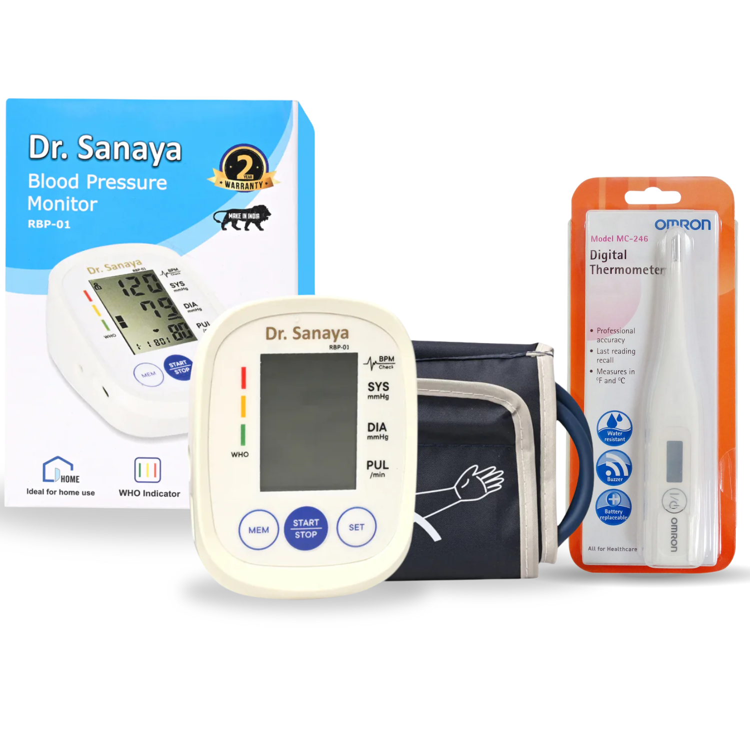 Dr. Sanaya RBP-01 Automatic BP Monitor + Omron MC-246 Digital Thermometer Combo | Reliable Home Health Kit