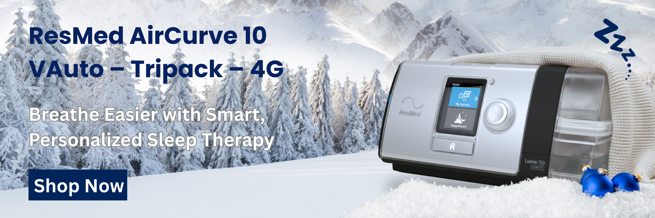 ResMed AirCurve 10 VAuto - Tripack - 4G sleep therapy device with snowy landscape background