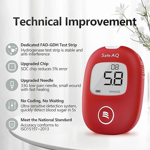Sinocare Safe AQ Smart blood glucose monitor | With 50 strips, 50 lancets & 1 lancing device