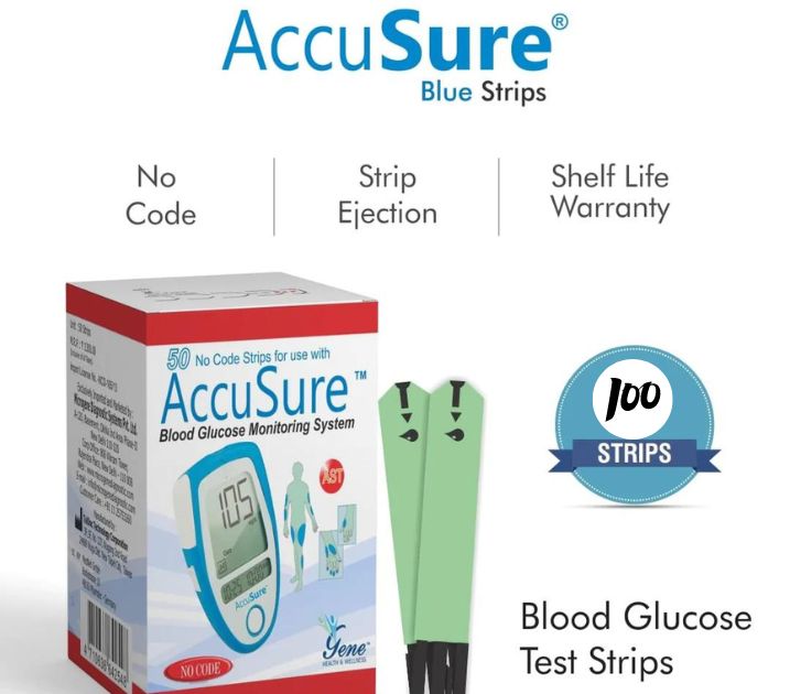 AccuSure Blue Glucometer Test Strips, (Only Strips)