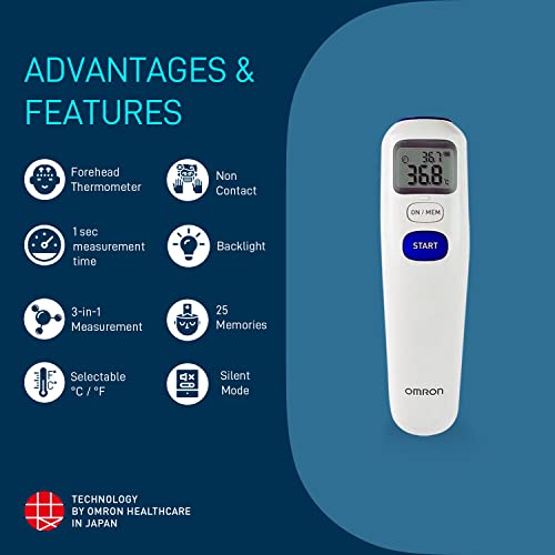 Omron MC 720 Non Contact Digital Infrared Forehead Thermometer With 1 Second Quick Measurement, 3 in 1 Measurement Mode, Auto On/off & Backlight