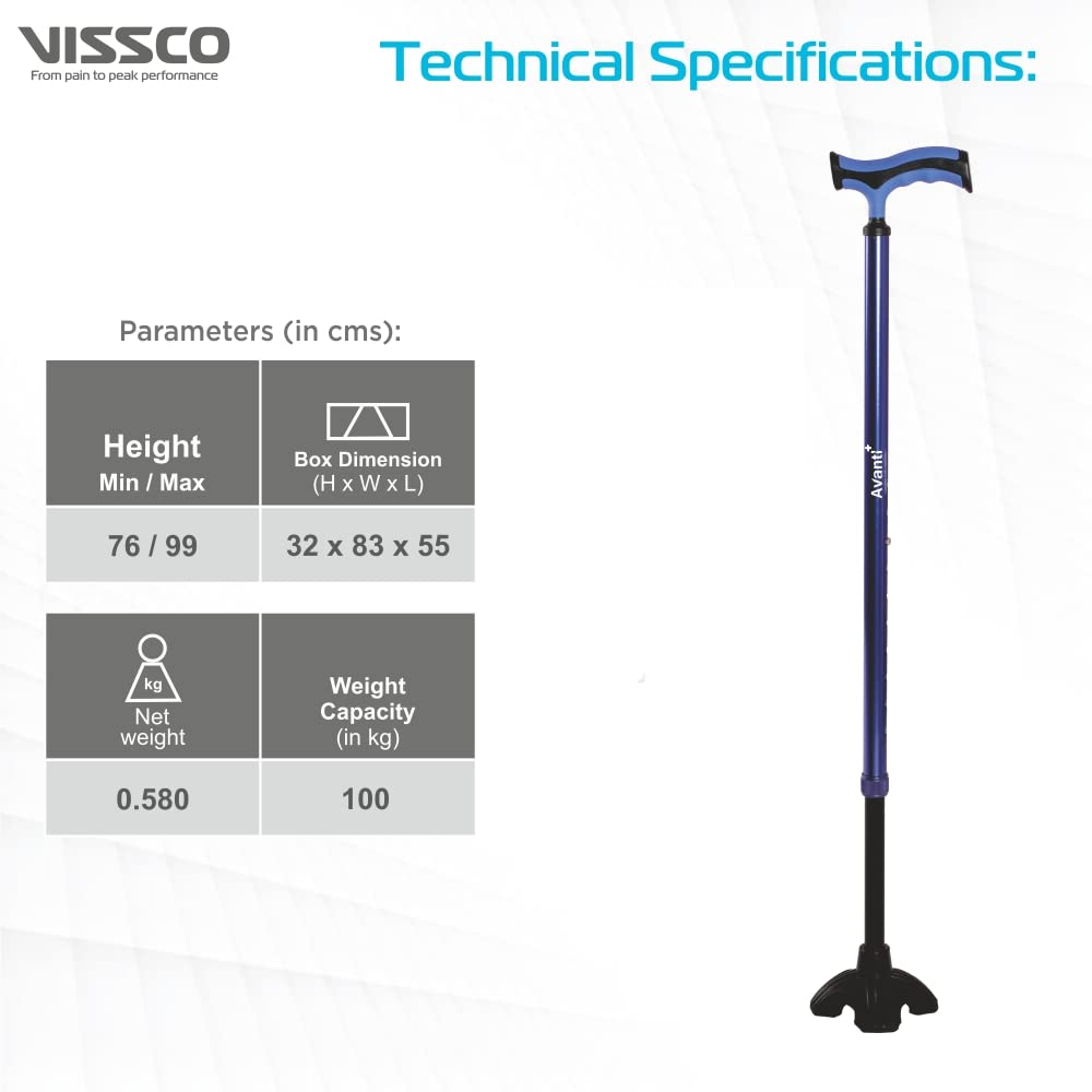 Vissco Avanti Plus - T Shape Aluminum Stick, Lightweight Walking Stick, Adjustable Height, Wide Base for Balance (Blue)