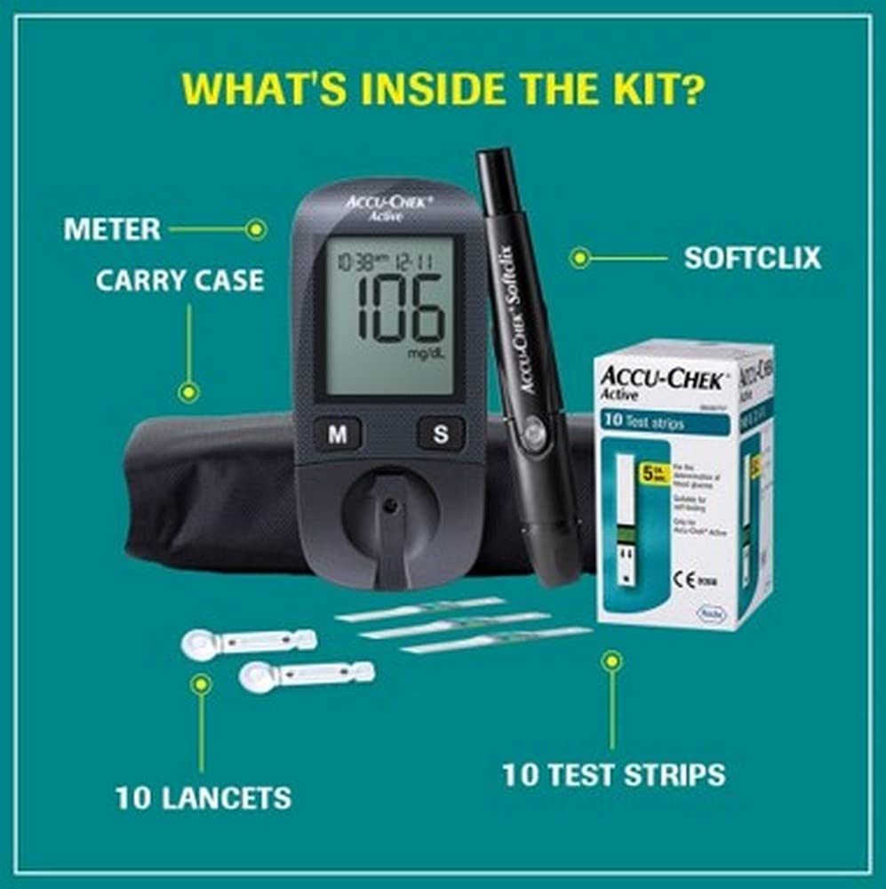 Accu-Chek Active Blood Glucose Glucometer Kit | 10 Strips, 10 Lancets