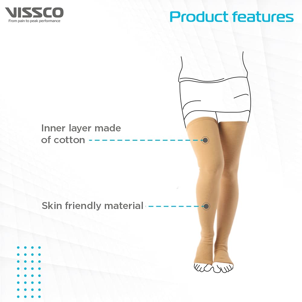 Vissco Varicose Vein Stockings -Thigh Length (Above Knee), Leg Compression Stockings for Swollen, Tired, Aching Legs, Pain Relief Stockings, Edema, Sore Legs