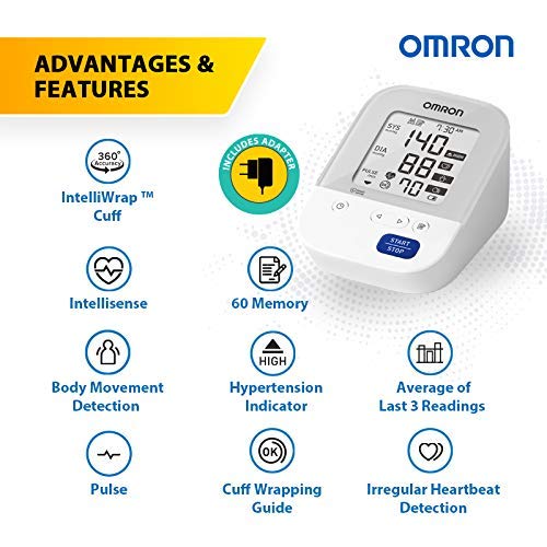 Omron HEM 7156A Digital Blood Pressure Monitor (Adapter Included) with 360° Accuracy Intelli Wrap Cuff for All Arm Sizes (White)
