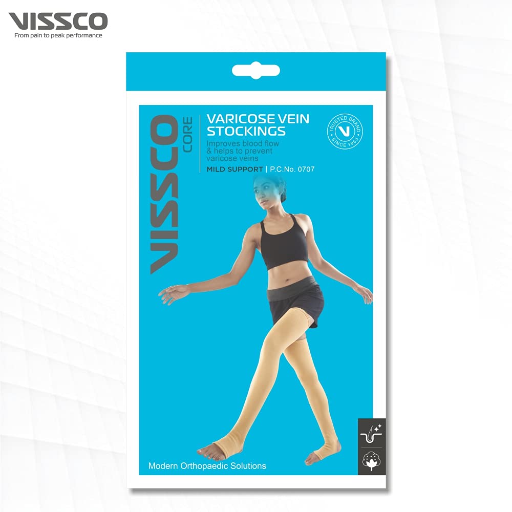 Vissco Varicose Vein Stockings -Thigh Length (Above Knee), Leg Compression Stockings for Swollen, Tired, Aching Legs, Pain Relief Stockings, Edema, Sore Legs