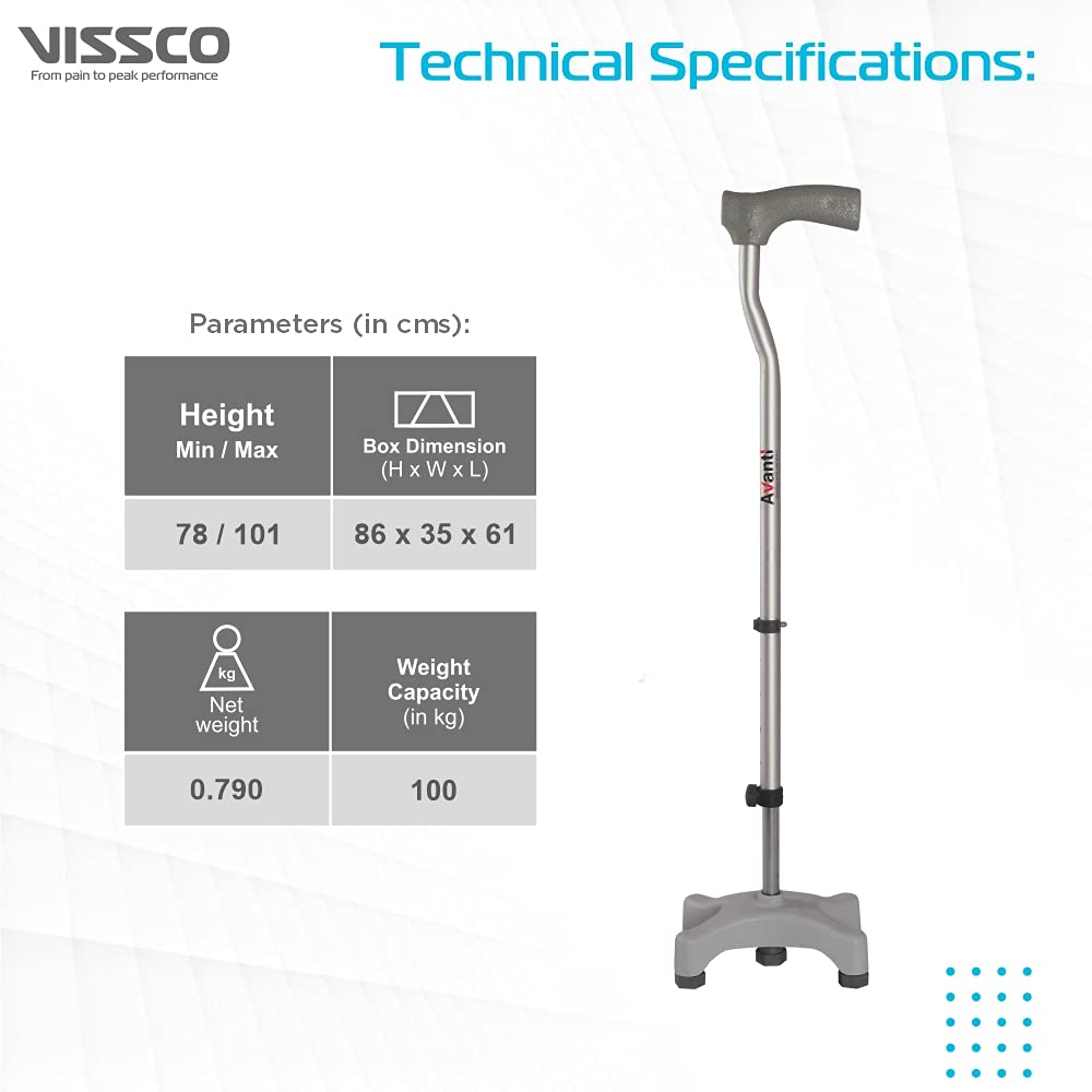Vissco Avanti L Shape Quadripod Walking Stick | For Elderly & those Physically Challenged |Lightweight | Height Adjustable walking stick with 4 Legss - Universal (Grey)