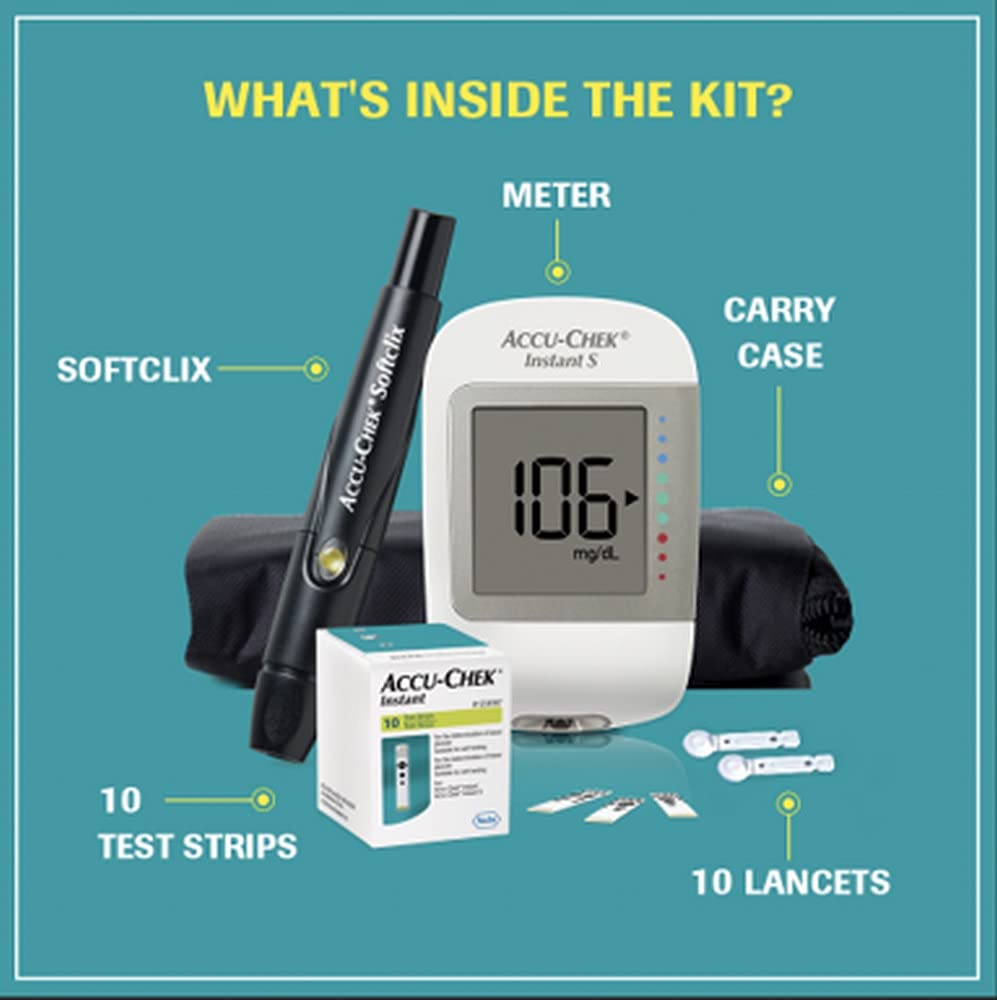 Accu-Chek Instant Blood Glucose Glucometer Kit with Vial of 10 Strips + Accu-Chek Instant 50 Strips ,10 Lancets and a Lancing device FREE