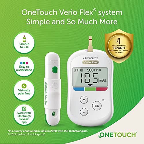OneTouch Verio Flex® glucometer machine | Sync your results with OneTouch Reveal mobile app| Simple & accurate testing of blood sugar levels at home | Global Iconic Brand | FREE 10 Test Strips + 10 Sterile Lancets + 1 Lancing device