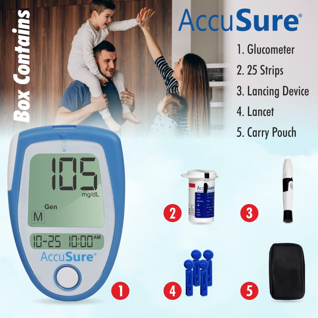 AccuSure Blue Digital Blood Glucometer Kit |with 25 Strips ,10 Lancet,1 Lancing device for Accurate Blood Glucose Sugar Testing Machine