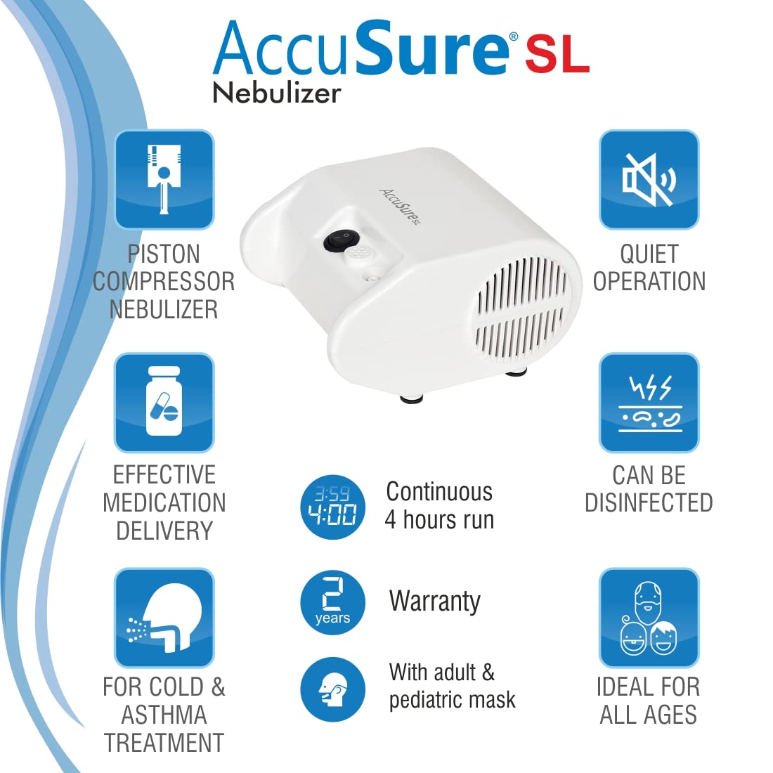 AccuSure SL White Compressor Complete Kit Nebulizer with Child and Adult Masks