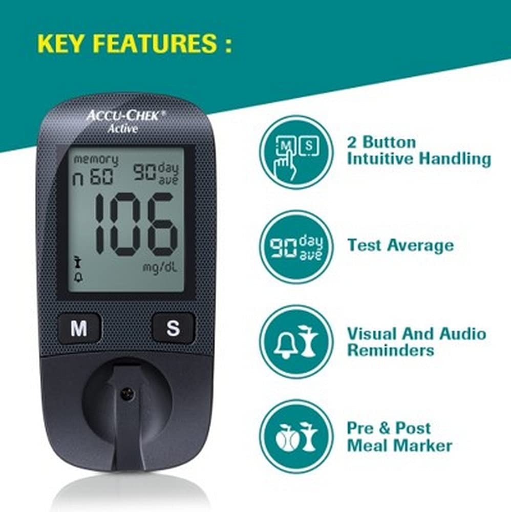 Accu-Chek Active Blood Glucose Glucometer Kit with 10 Strips, 10 Lancets And A Lancing Device Free For Accurate Blood Sugar Testing