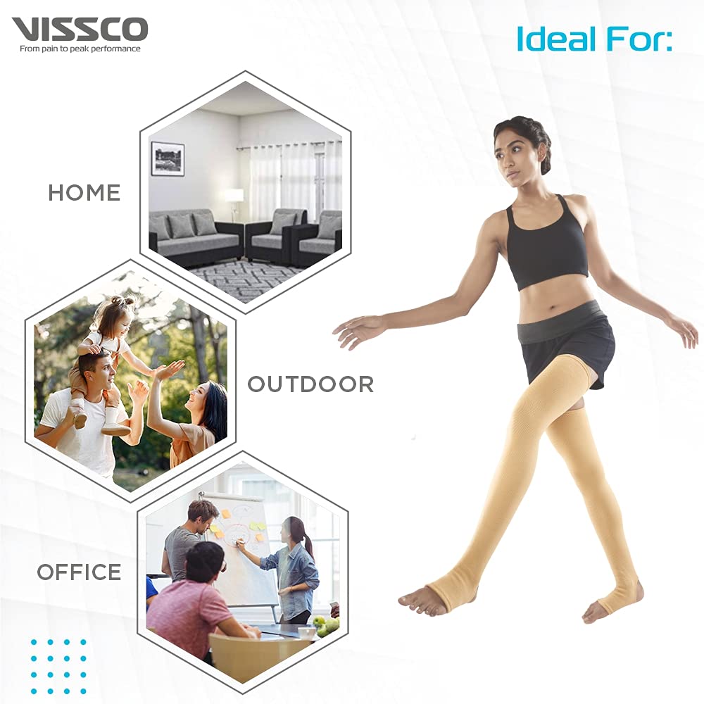 Vissco Varicose Vein Stockings -Thigh Length (Above Knee), Leg Compression Stockings for Swollen, Tired, Aching Legs, Pain Relief Stockings, Edema, Sore Legs