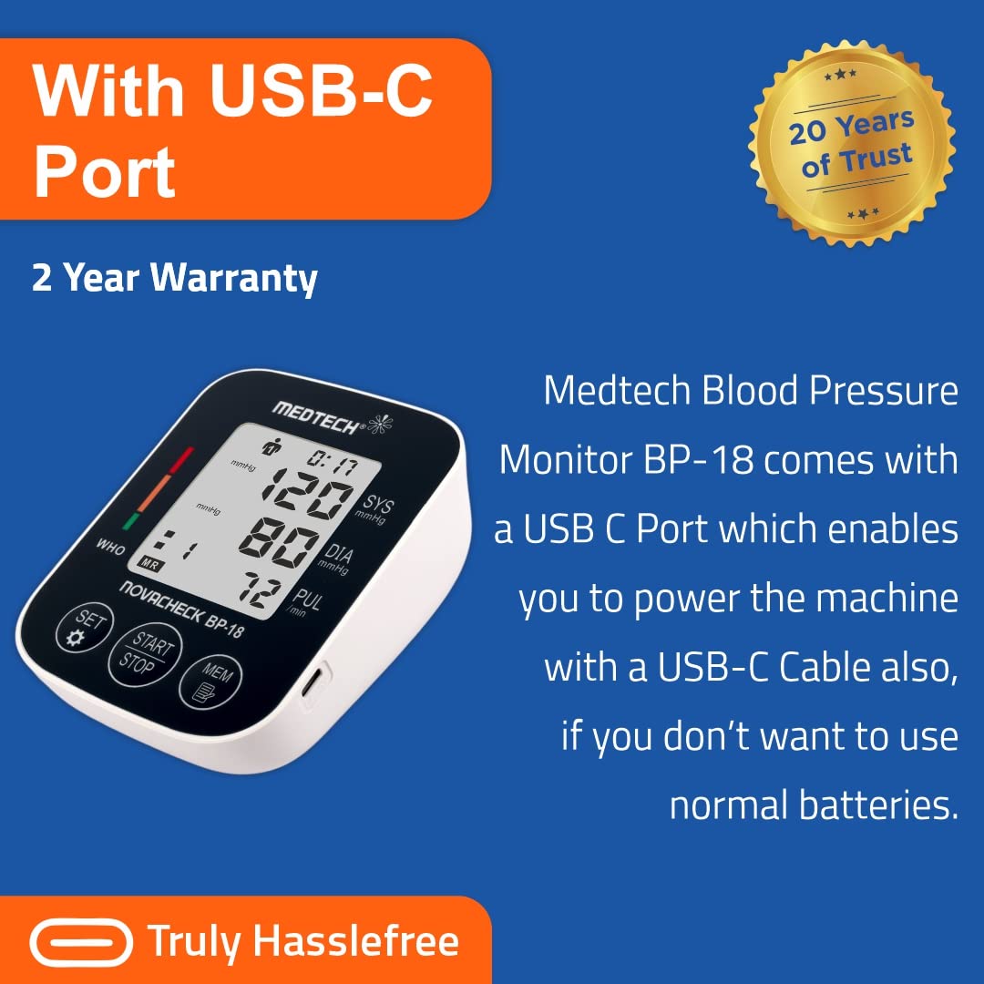 Medtech BP18 Portable Automatic Digital Blood Pressure Monitor Machine also used with Type C charger(White)
