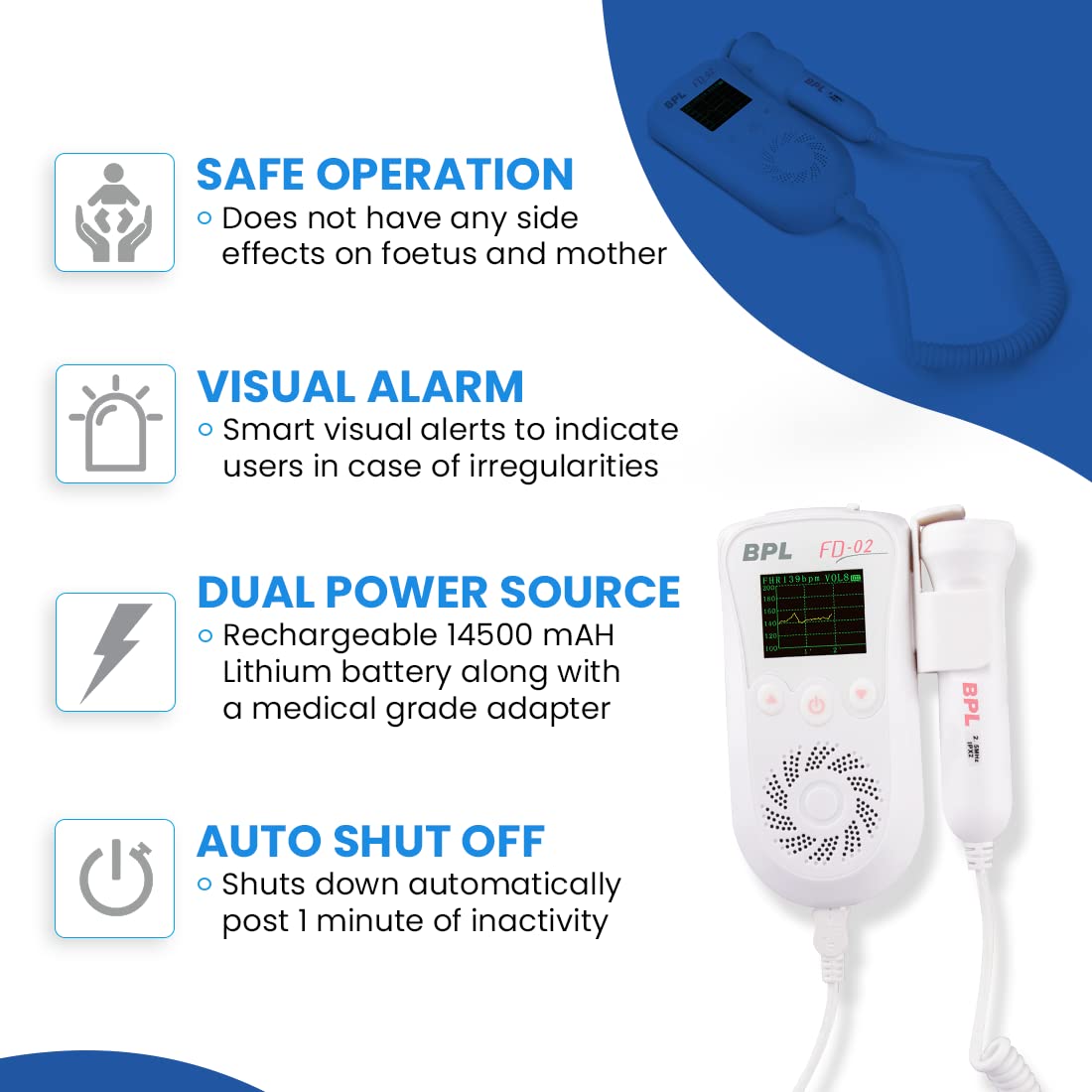 BPL FD-02 Baby Heart Rate Detection Monitoring Machine Portable with in-Built Speaker Ultrasonic Fetal Doppler with USB Charging