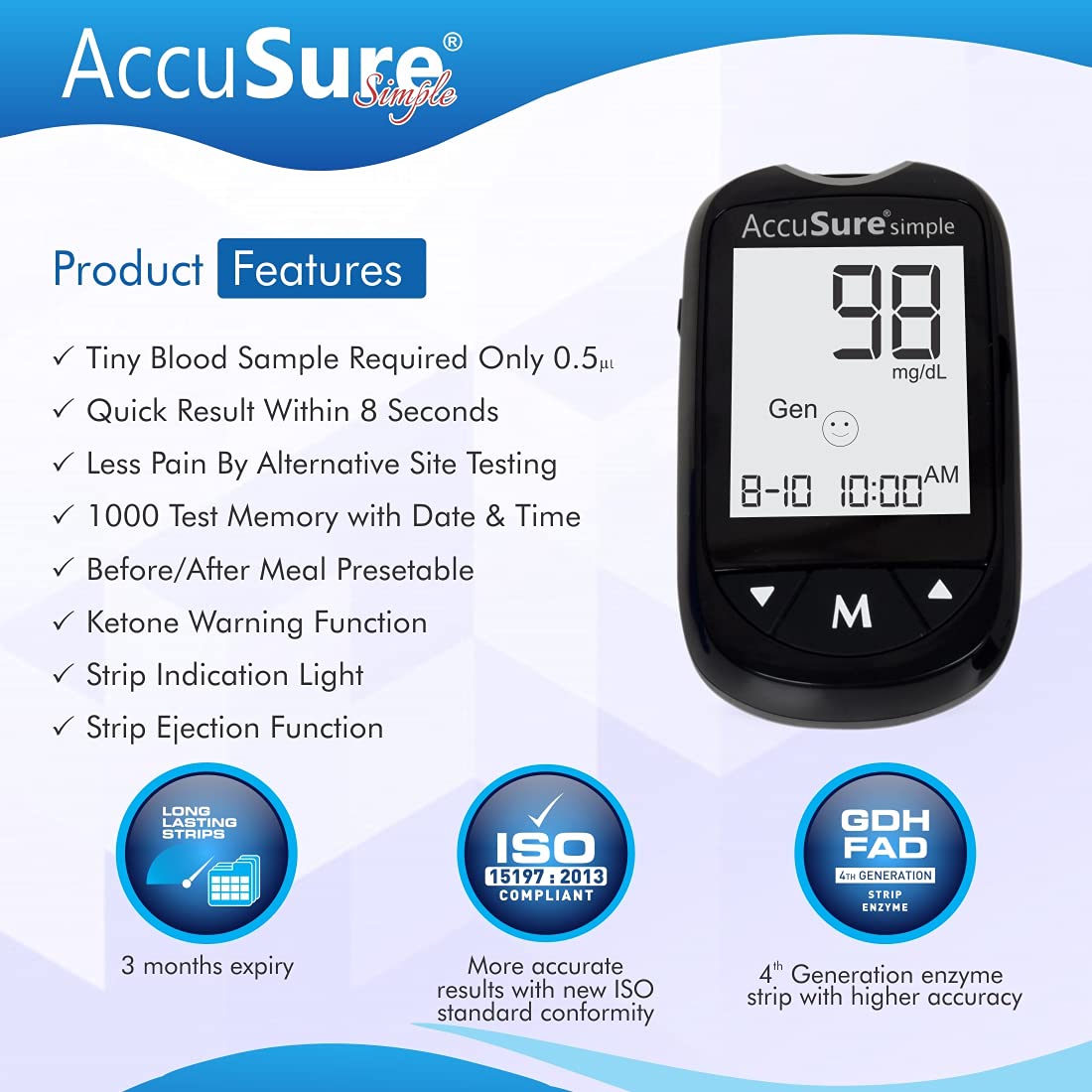 AccuSure Instant Digital Simple Glucometer Kit WITH STRIPS 10 Lancet,1 Lancing device for Accurate Blood Glucose Sugar Testing Machine