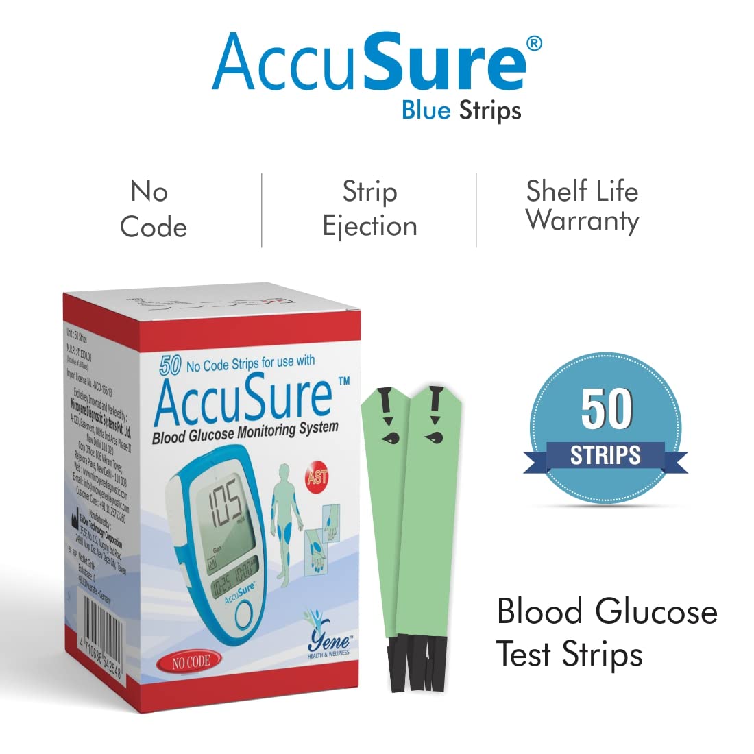 AccuSure Blue Glucometer Test Strips, (Only Strips)