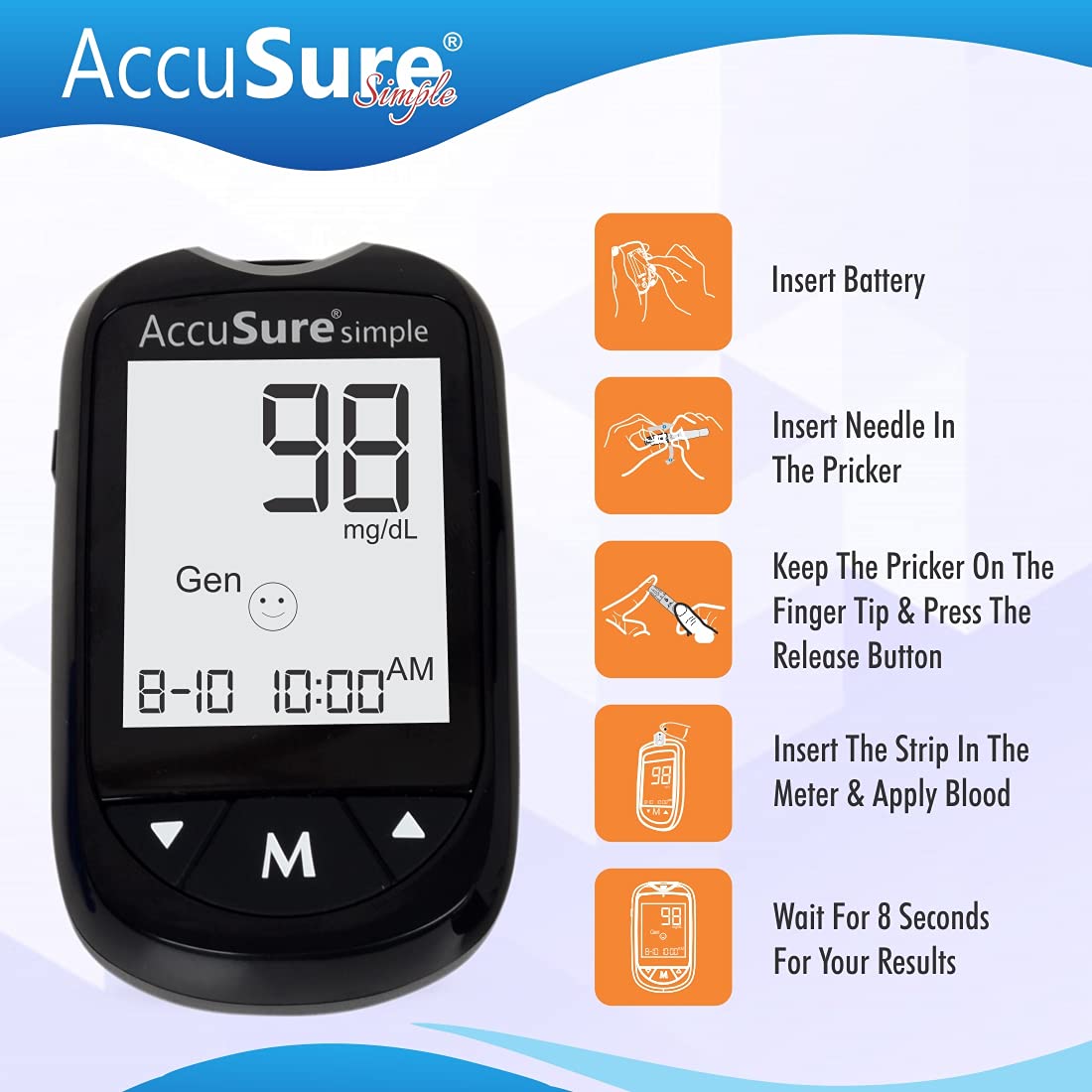 AccuSure Instant Digital Simple Glucometer Kit WITH STRIPS 10 Lancet,1 Lancing device for Accurate Blood Glucose Sugar Testing Machine