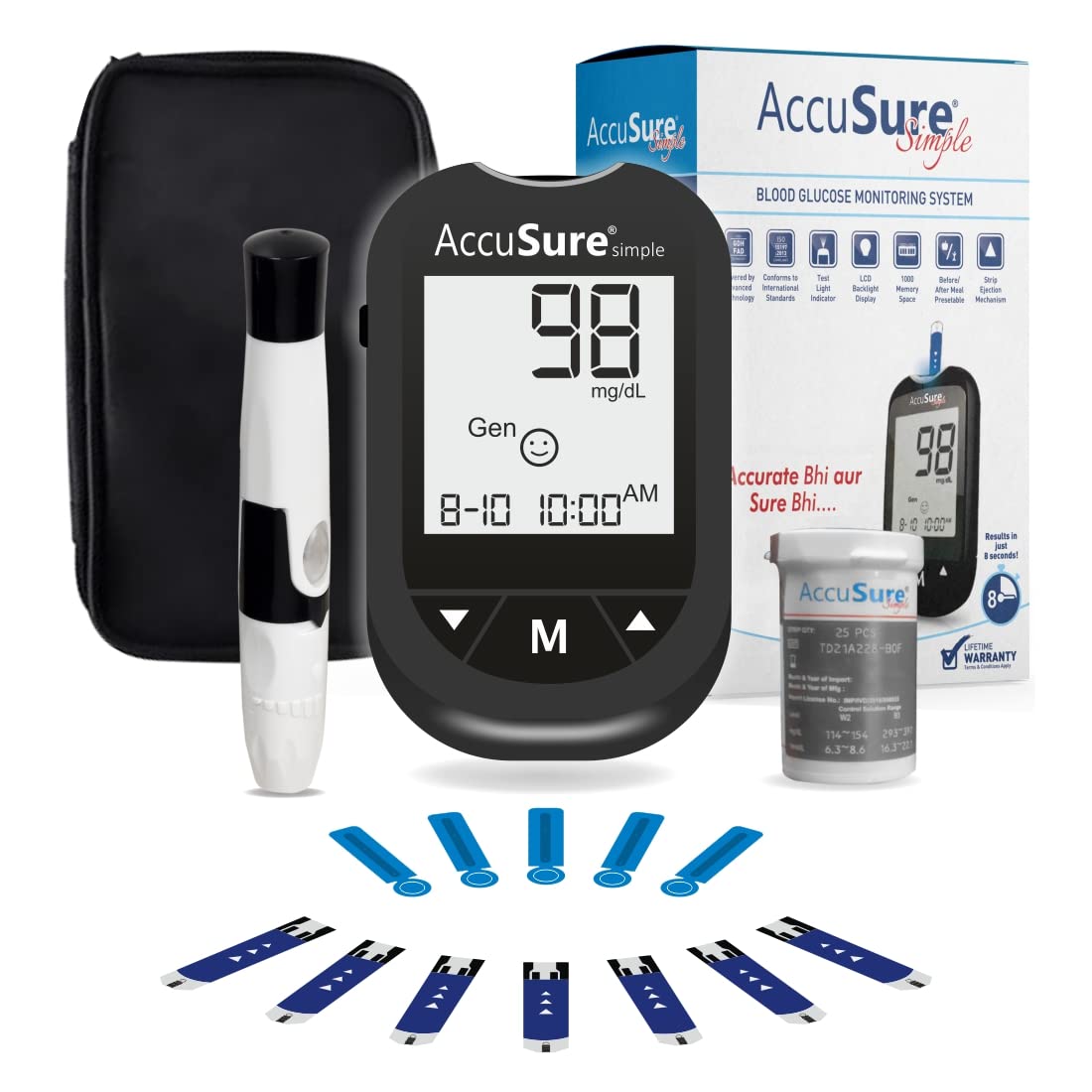 AccuSure Instant Digital Simple Glucometer Kit WITH STRIPS 10 Lancet,1 Lancing device for Accurate Blood Glucose Sugar Testing Machine