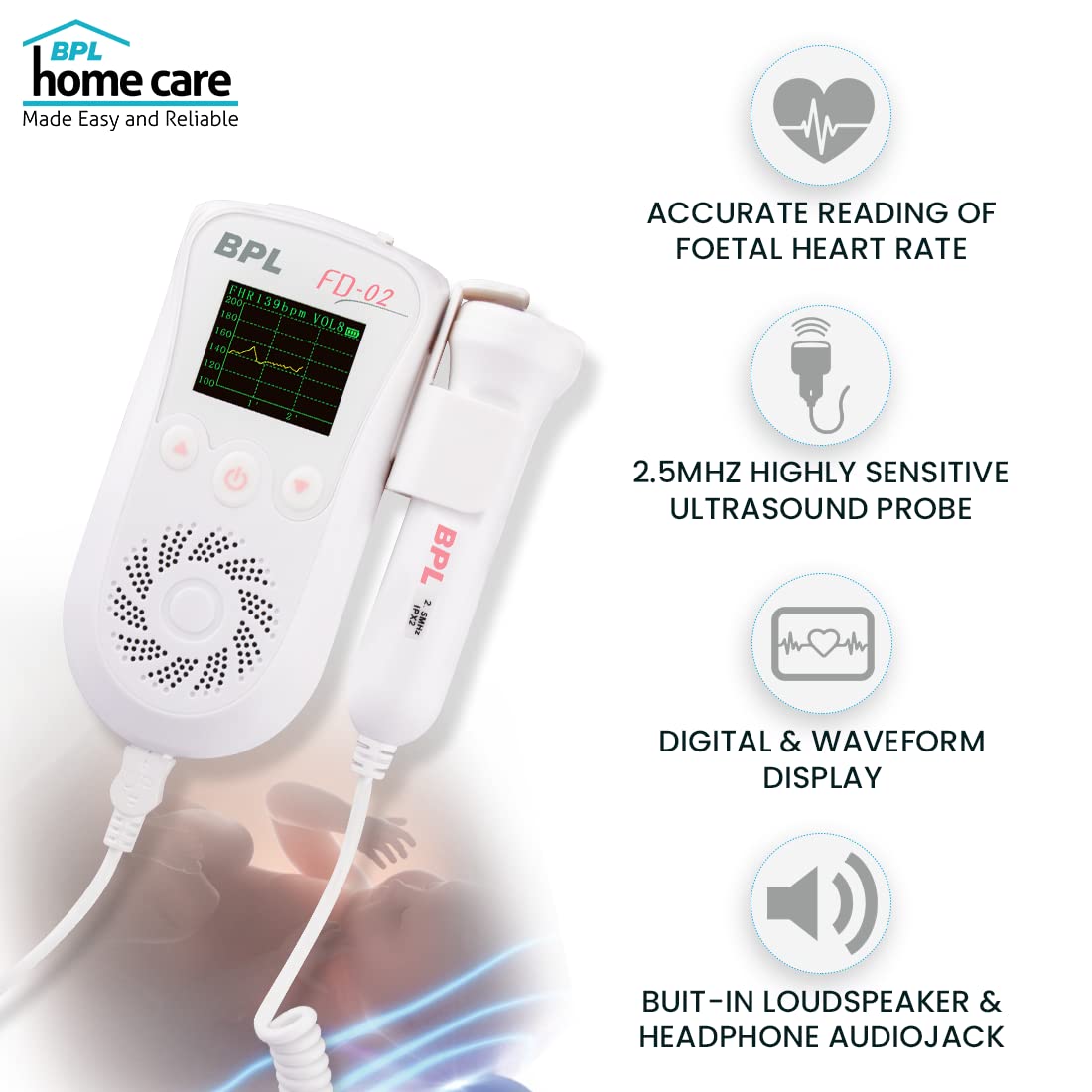 BPL FD-02 Baby Heart Rate Detection Monitoring Machine Portable with in-Built Speaker Ultrasonic Fetal Doppler with USB Charging