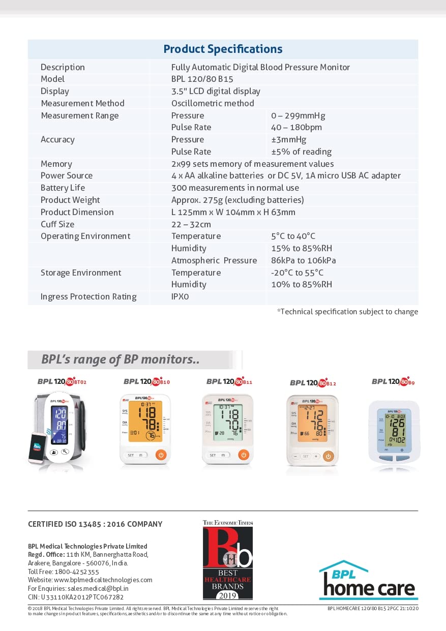 Bpl Medical Technology B15 Automatic Digital Blood Pressure Monitor with Micro USB charging Plug