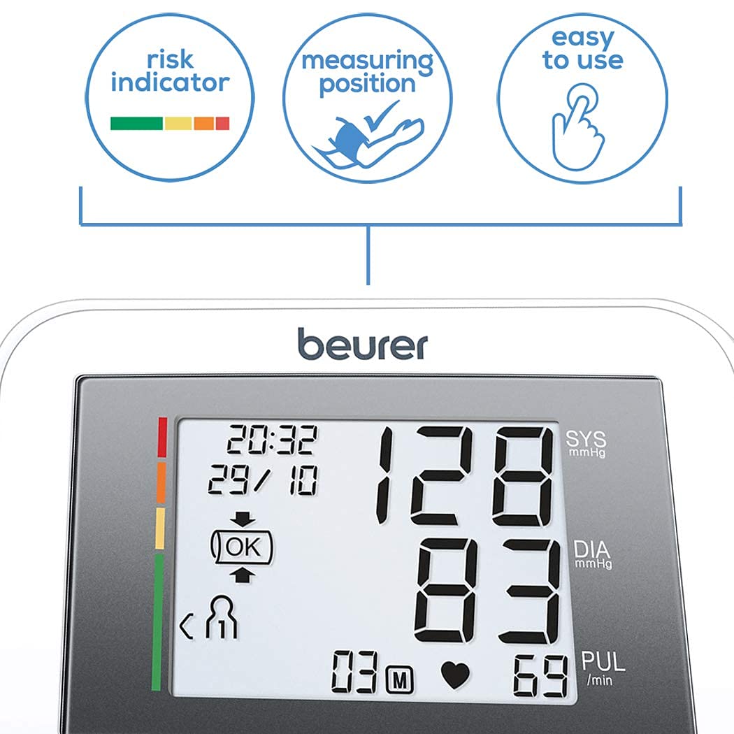 Beurer BM 27 upper arm blood pressure monitor with cuff position control and the automatic incorrect usage message With German Technology & 5 Years warranty