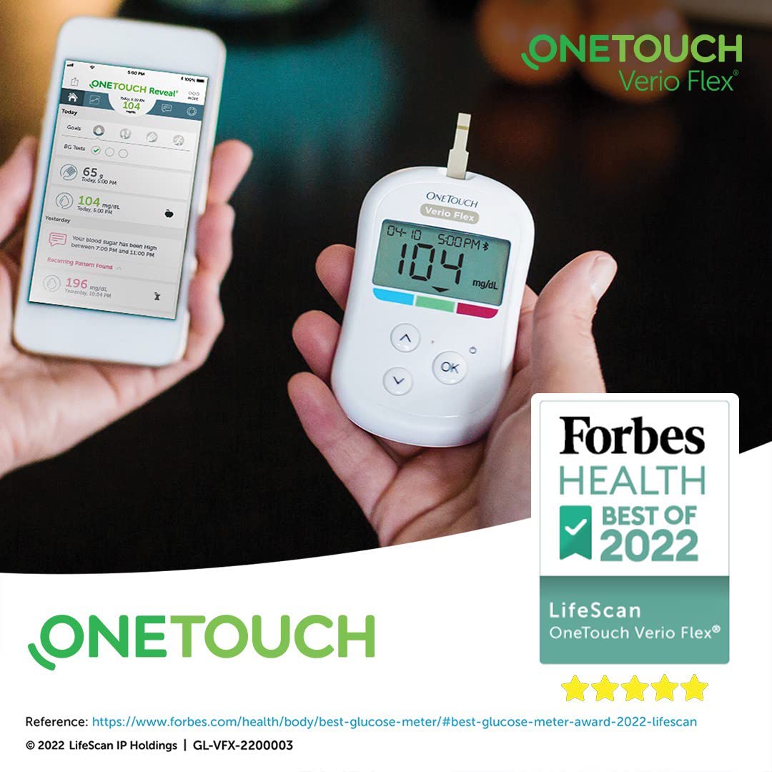 OneTouch Verio Flex® glucometer machine | Sync your results with OneTouch Reveal mobile app| Simple & accurate testing of blood sugar levels at home | Global Iconic Brand | FREE 10 Test Strips + 10 Sterile Lancets + 1 Lancing device