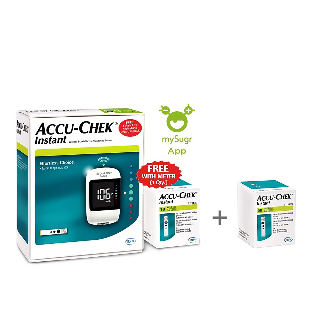 Accu-Chek Instant Blood Glucose Glucometer Kit with Vial of 10 Strips + Accu-Chek Instant 50 Strips ,10 Lancets and a Lancing device FREE