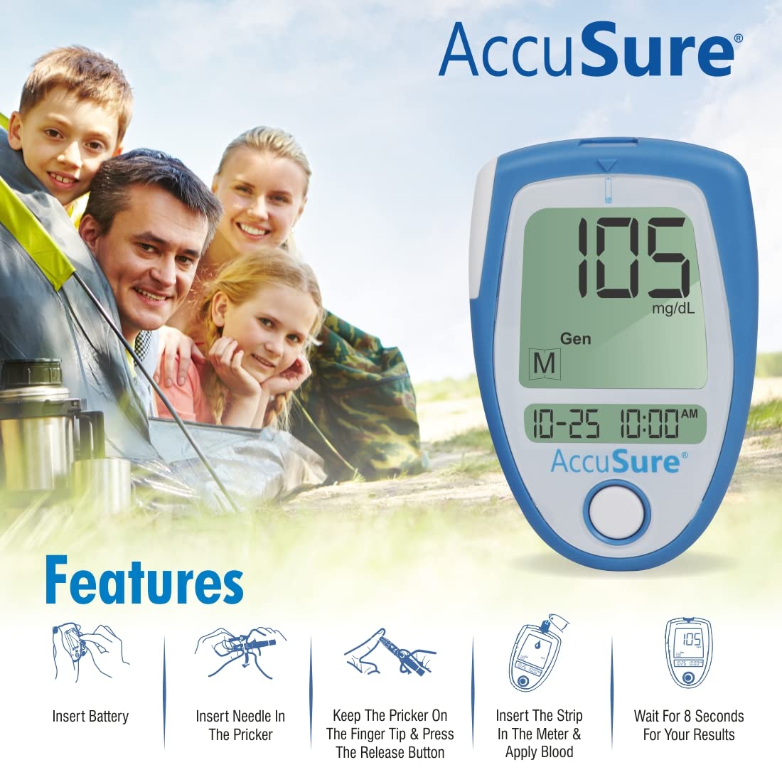 AccuSure Blue Digital Blood Glucometer Kit |with 25 Strips ,10 Lancet,1 Lancing device for Accurate Blood Glucose Sugar Testing Machine