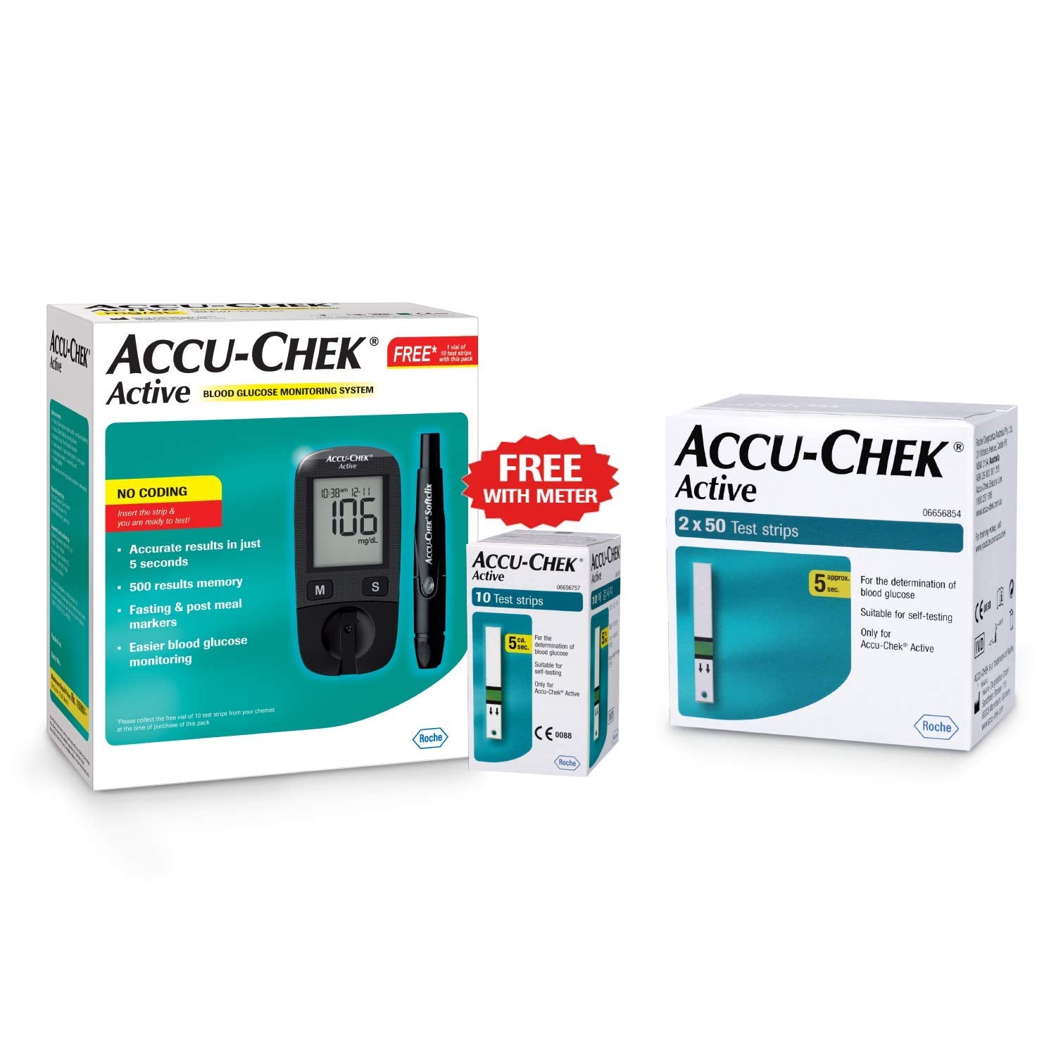 Accu-Chek Active Blood Glucose Meter Kit with Active Strips, 100 Count with Free 10 Strips (Multicolor)