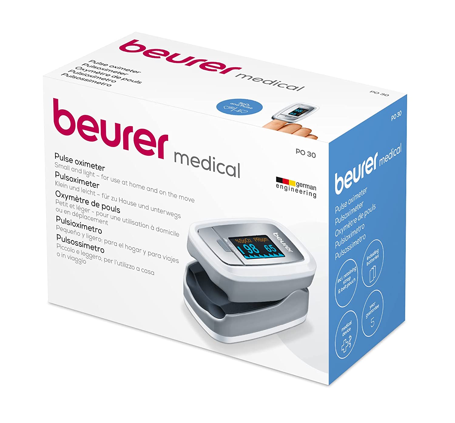 Beurer PO30 Pulse Oximeter, Blood Oxygen Saturation & Heart Rate Monitor, 5 Years Warranty - Grey