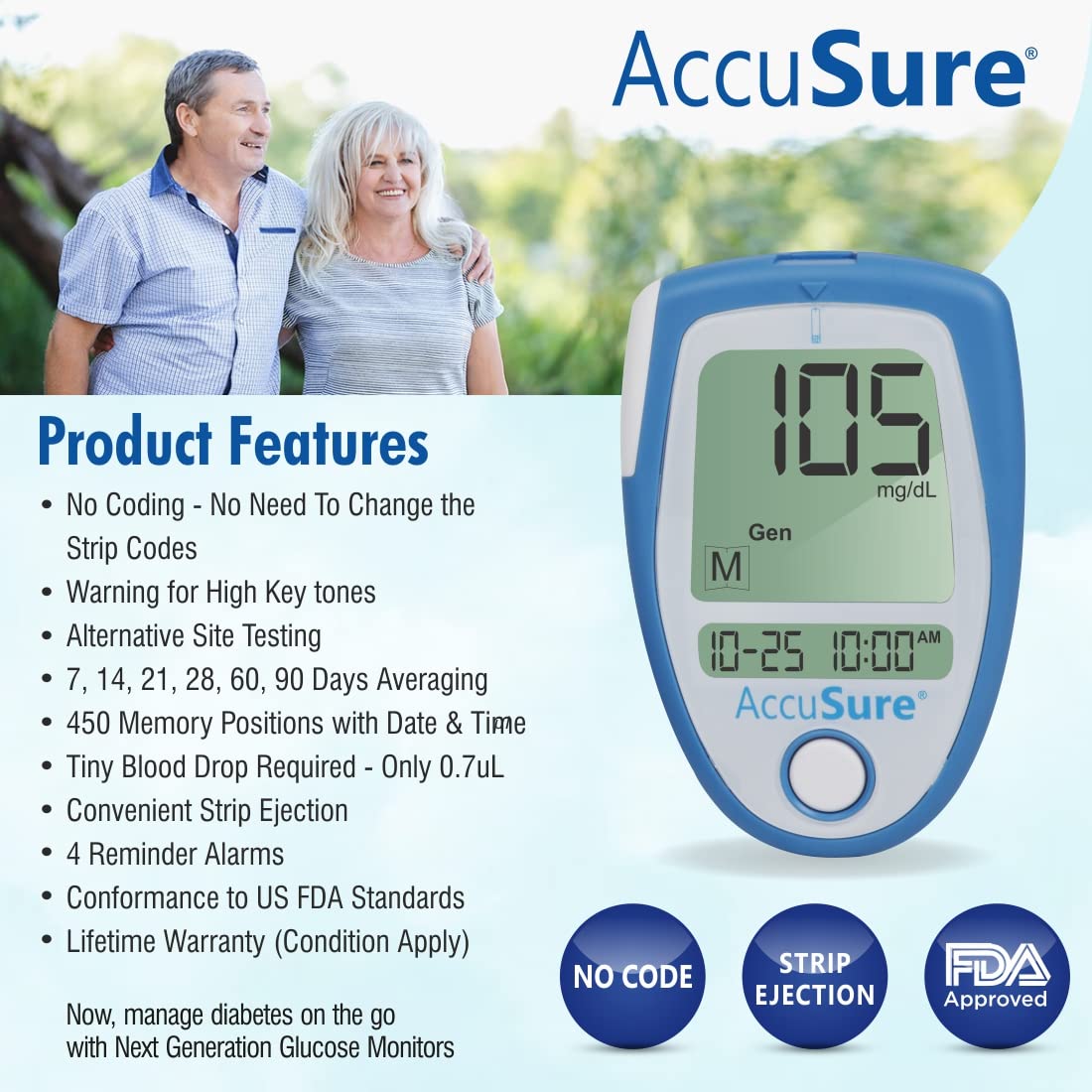 AccuSure Blue Digital Blood Glucometer Kit |with 25 Strips ,10 Lancet,1 Lancing device for Accurate Blood Glucose Sugar Testing Machine