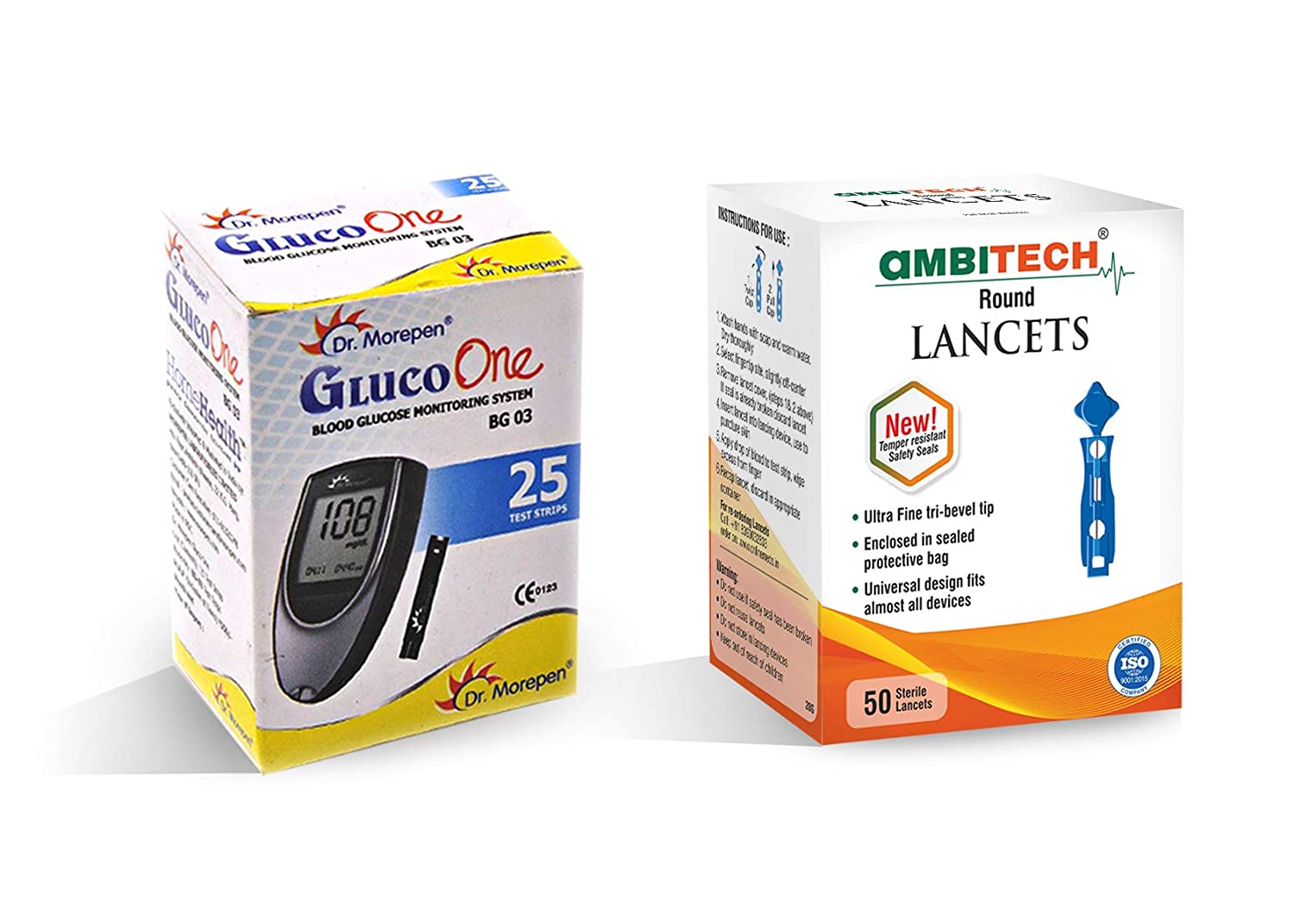 DR. MOREPEN BG-03 25 Test Strips with Ambitech 50 Round Lancets Combo (No Glucometer)