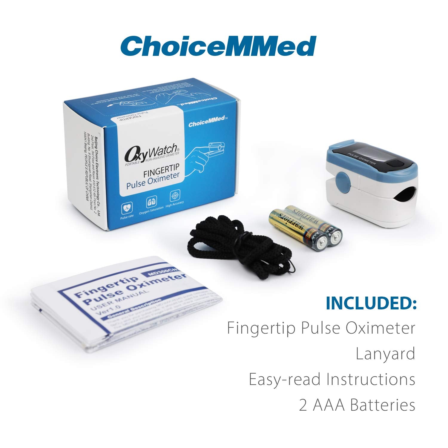 CHOICEMMED MD300C29 Finger Pulse Oximeter with Color OLED Screen Display & Batteries - Grey, Black