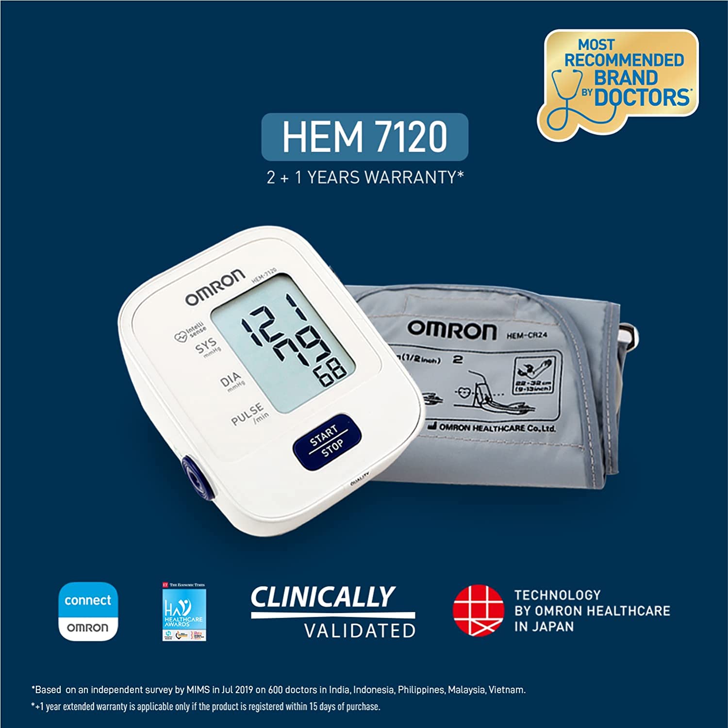 Omron HEM 7120 Fully Automatic Digital Blood Pressure Monitor With Intellisense Technology For Most Accurate Measurement - Arm Circumference (22-32Cm)