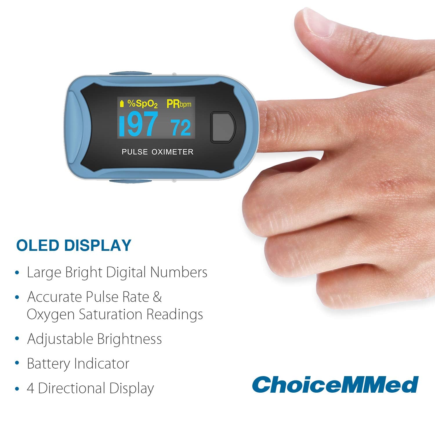 CHOICEMMED MD300C29 Finger Pulse Oximeter with Color OLED Screen Display & Batteries - Grey, Black