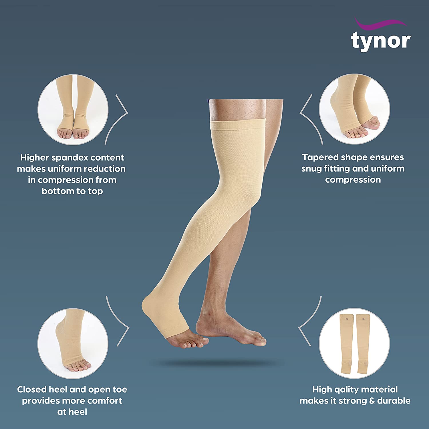 Tynor Compression Stocking Mid Thigh Classic, Beige, Large, Pack of 2