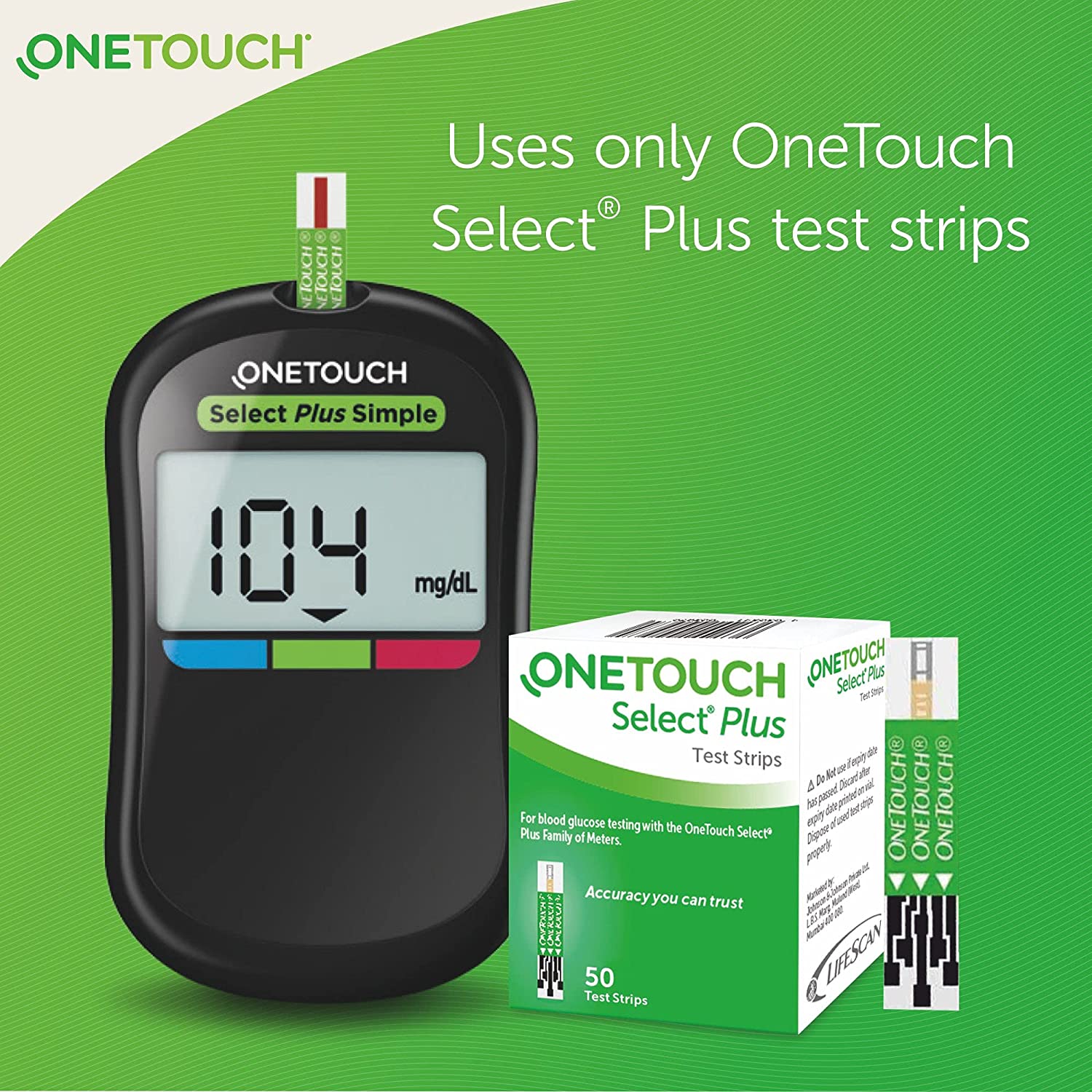 OneTouch Select Plus Simple glucometer machine | FREE 10 Test Strips +10 Sterile Lancets + 1 Lancing device | Simple & accurate testing of Blood sugar levels at home | Global Iconic Brand