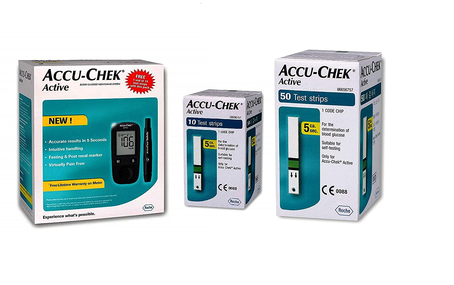 Accu-Chek Active Blood Glucose Glucometer Kit with Vial of 10 Strips + Accu-Chek Active 50 Test Strips