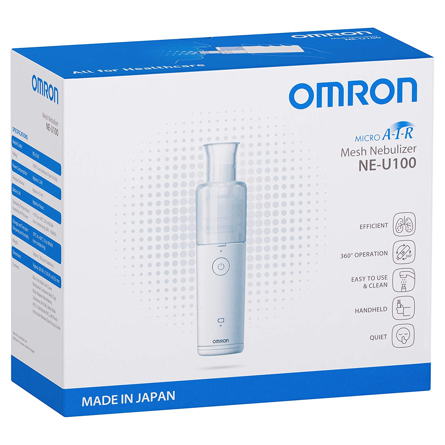 Omron Nebulizer Microair NE-U100 Portable Pocket Sized 360 Degree Silent Mesh Nebulizer (White)