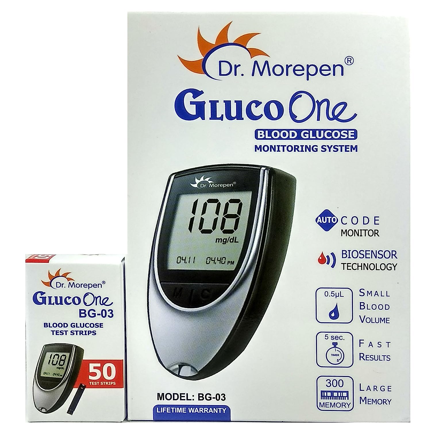 Dr. Morepen BG-03 Gluco One Glucometer Combo,(Glucometer, Lancing Device, 10 Lancet) and strips