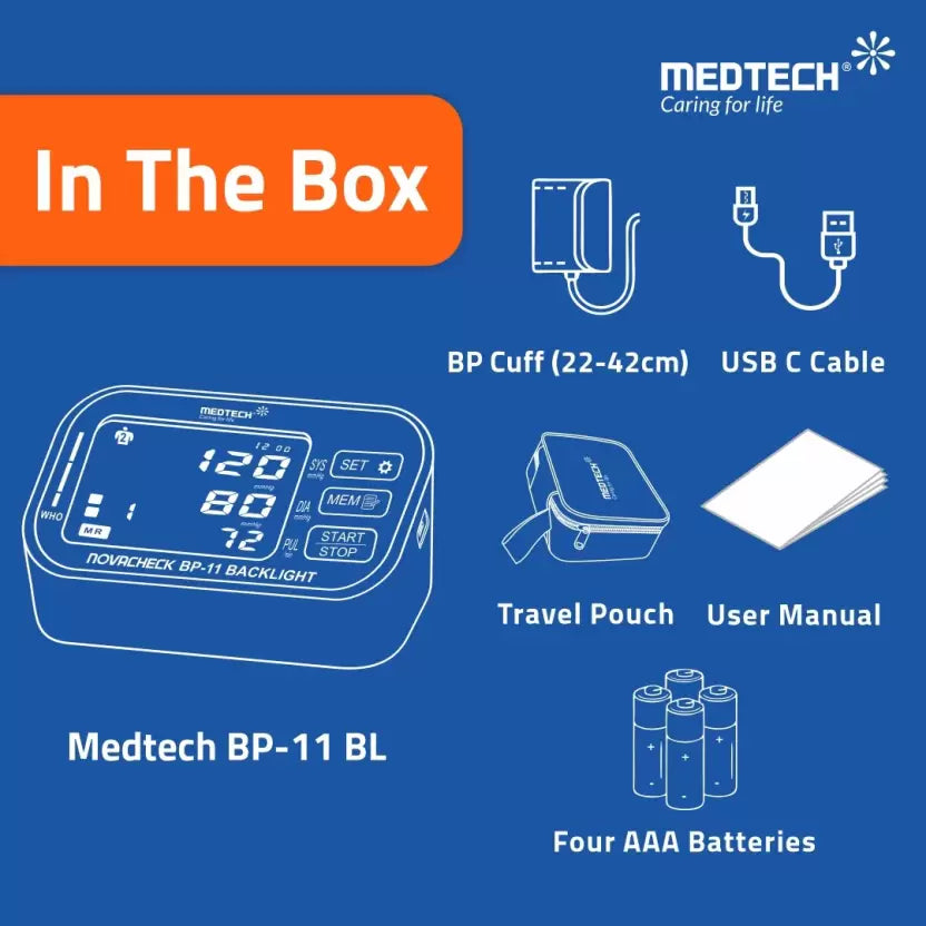 Medtech BP11 BL Portable Automatic Digital Blood Pressure BP Monitoring Machine with Smart MDD Technology